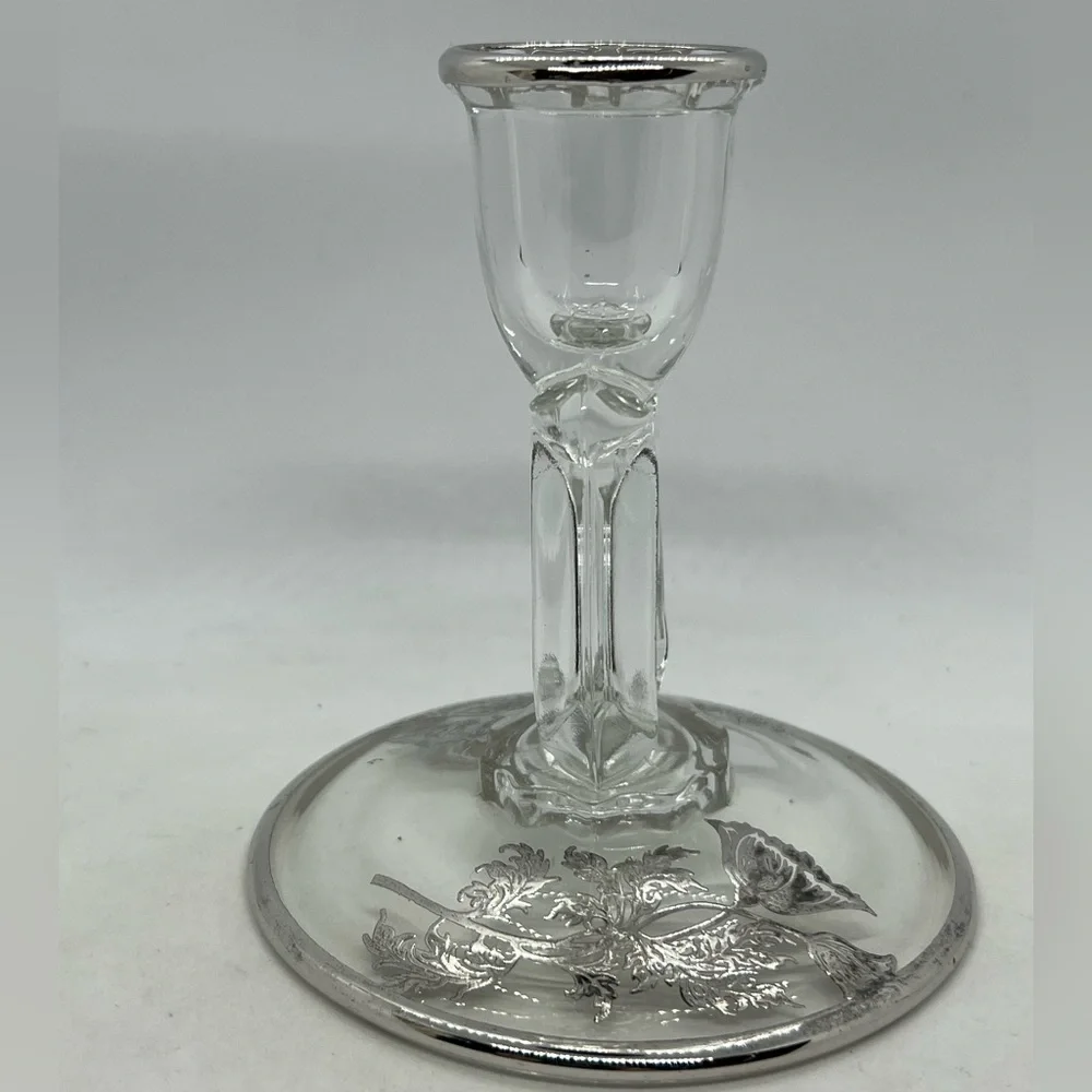Vintage Silver City Glass Co Flanders Clear Sterling Overlay Candle Holder